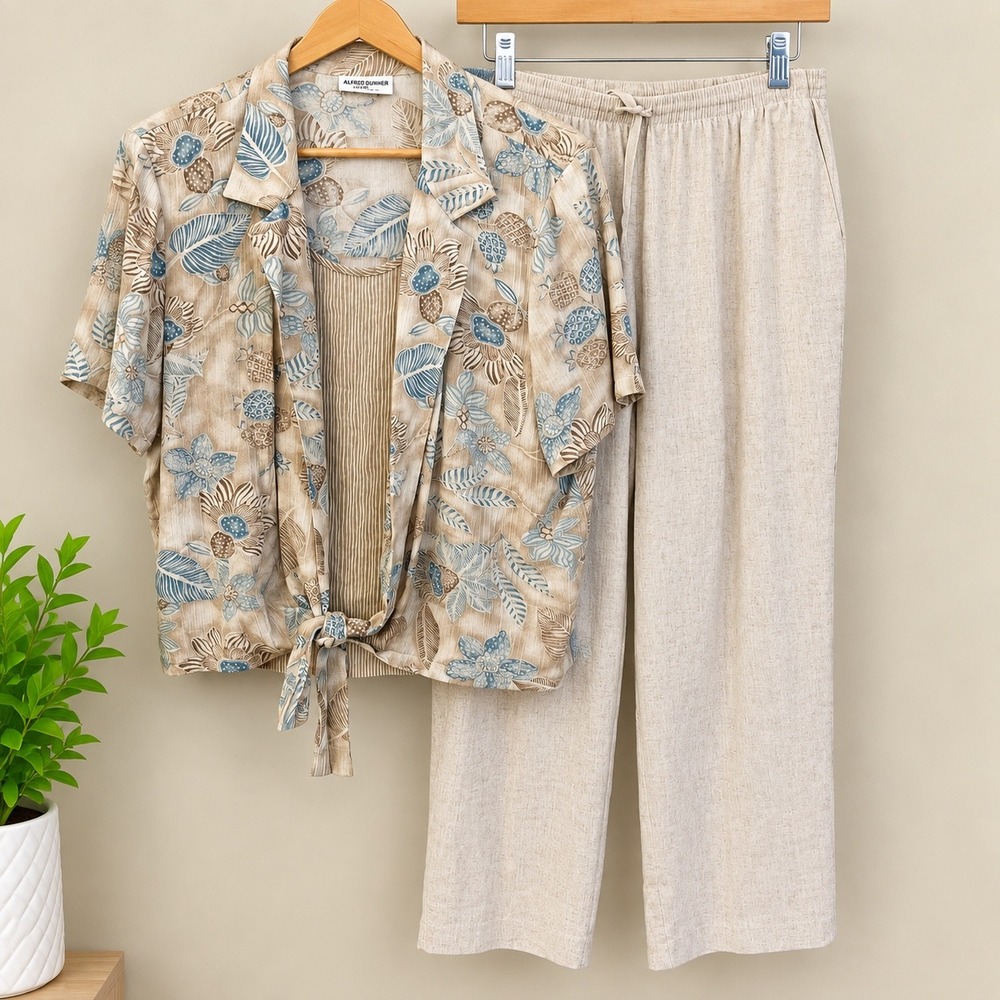 Alfred Dunner 3pc Set Women 20W Tropical Tie Front Shirt Tank Elastic Pants